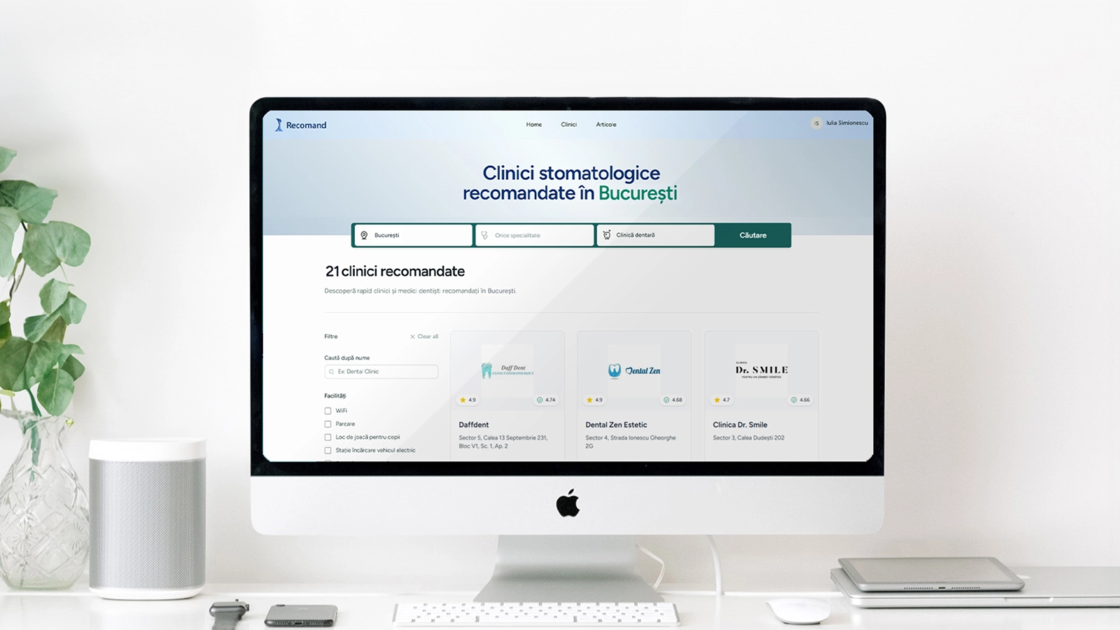 RecomandDentist.ro afișat pe monitor desktop cu lista de clinici stomatologice recomandate în București, pentru marketing și SEO dental